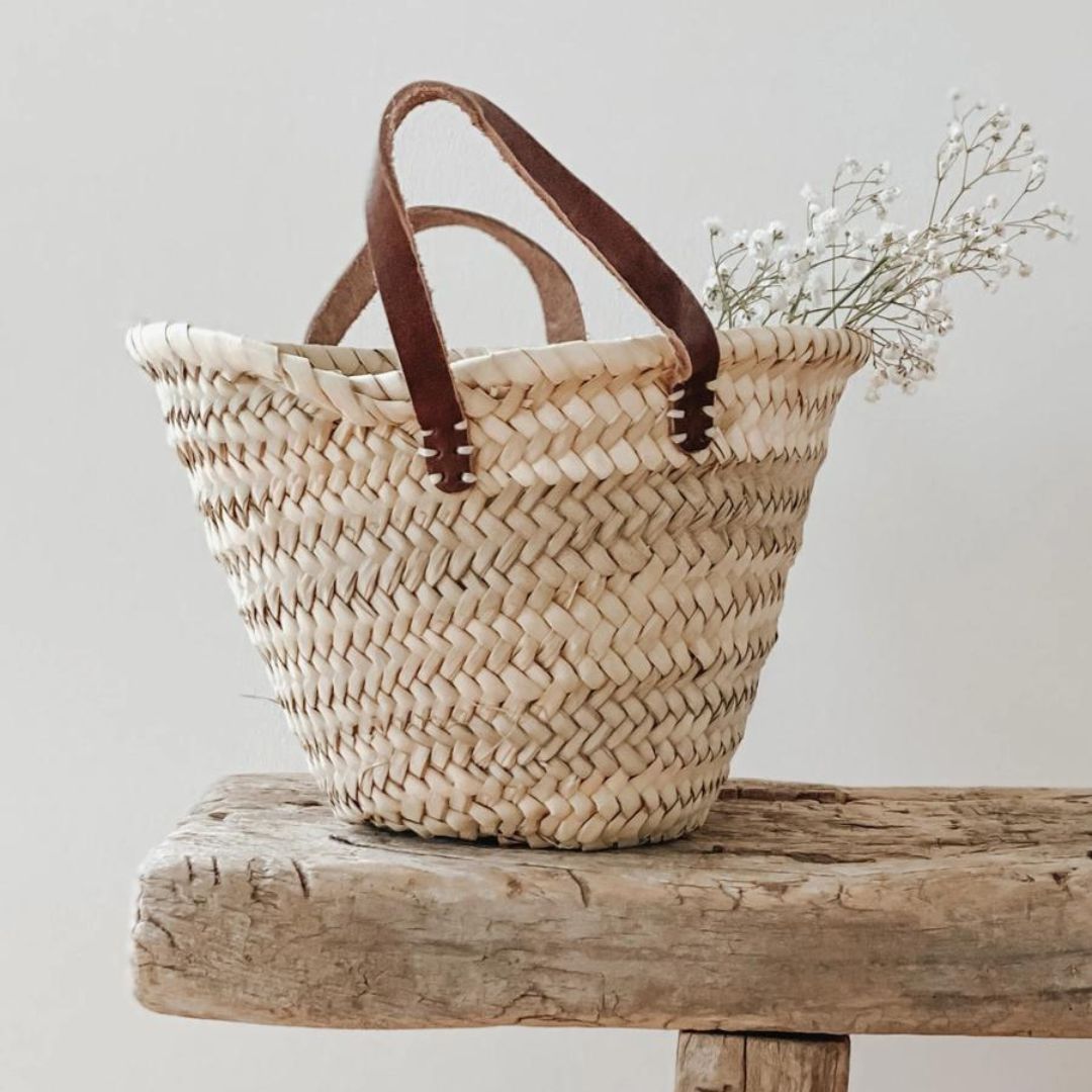 Mini Woven Basket With Leather Handles